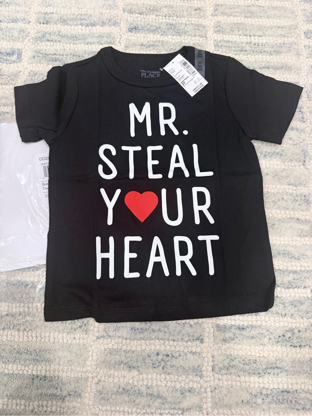 The Children's Place Black Tee with White Lettering & Red Heart